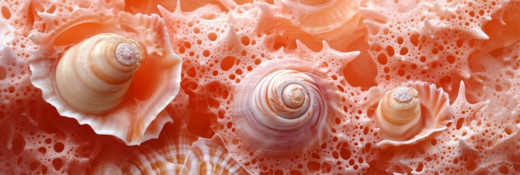 Colorful seashell banner showcasing beautiful natural textures, shapes, and colors perfect for use as a backdrop in various creative projects or beach themed events