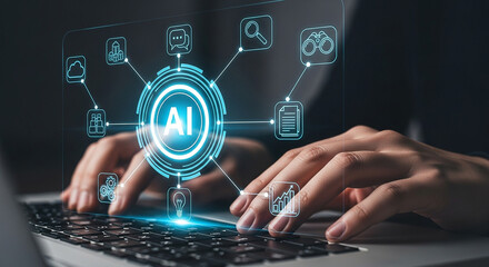 Naklejka premium Ai artificial intelligence technology concept with icons and human hands on laptop keyboard typing