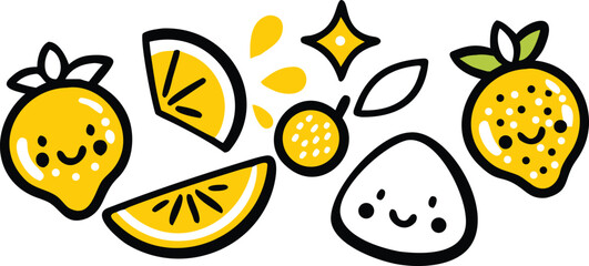 Cute Lemon Cartoon Illustration with Slices and Sparkles on Transparent Background