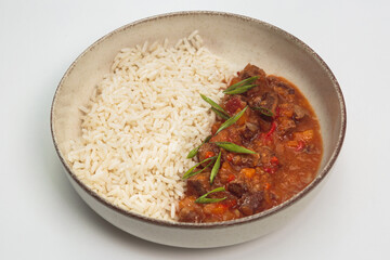Hearty Meat Goulash Stew with Steamed Rice