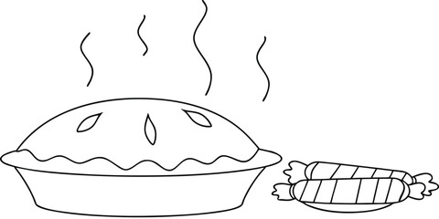 A pie with steam two wrapped candies on a plate dessert food