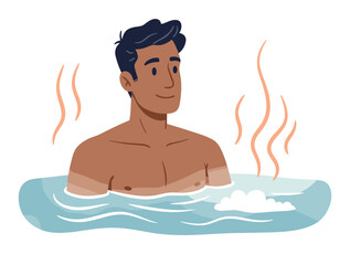 Man enjoying a hot bath with steam in a relaxing atmosphere