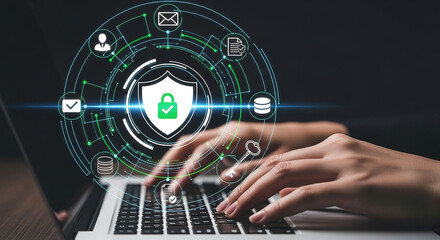 Cyber security data protection privacy concept on laptop with hands typing for online internet safety
