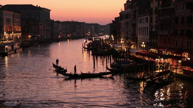 Gondolas glide along the grand canal in venice at twilight