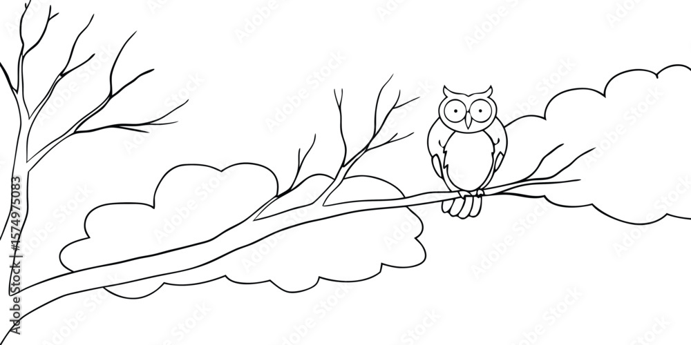 Poster continuous line art an owl perched on a tree branch with leaves branches bird
