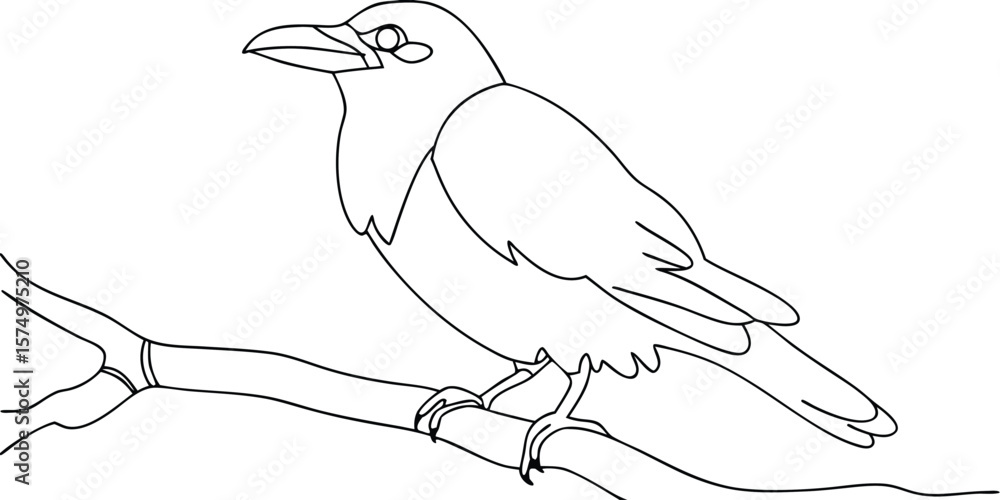 Poster a crow perched on a branch with continuous line art style bird tree