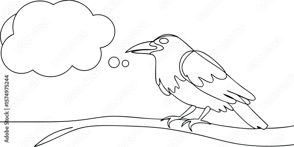 Poster crow perched on branch with thought bubble continuous line art bird speech