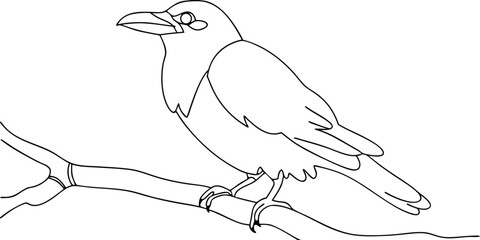 A crow perched on a branch with continuous line art style bird tree