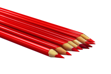 Red pencils arranged in a row isolated on white transparent background.
