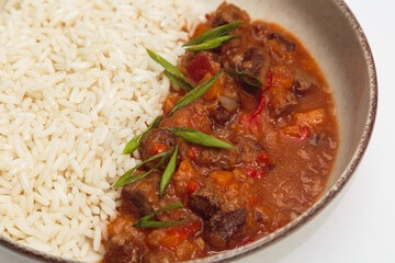 Hearty Meat Goulash Stew with Steamed Rice