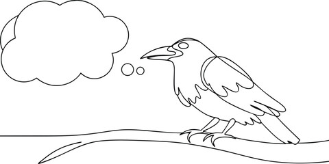Crow perched on branch with thought bubble continuous line art bird speech
