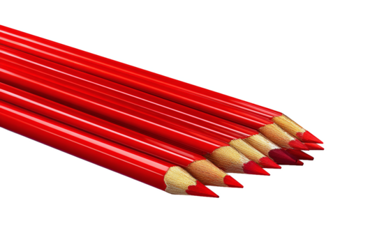 Red pencils arranged in a row isolated on white transparent background.