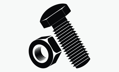 Screw bolt, nut  silhouette, mechanical hardware vector, construction tool design, black and white component illustration