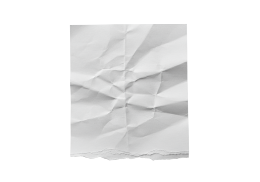 A single rectangular piece of crumpled white paper, highly textured with intricate creases, folds, wrinkles, rough torn bottom edge, smoothly rounded upper corners, isolated on a pristine seamless