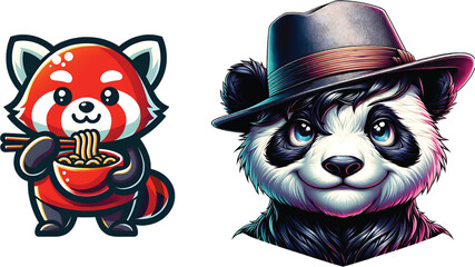 Red panda eating noodles panda wearing hat bowl chopsticks