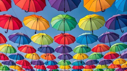 A Vibrant Overhead View of a Colorful Umbrella Installation Street Art