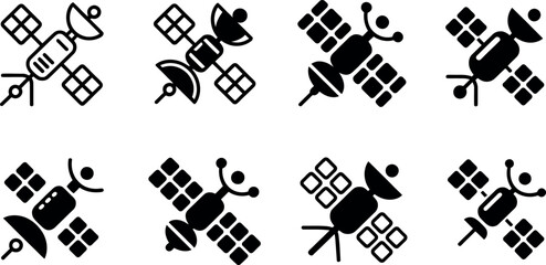 Eight Vector Satellite Icons: Modern, Bold, Black Designs