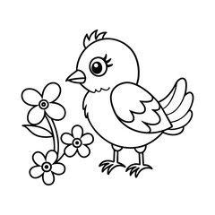 Cute chick with flowers line art illustration silhouette vector illustration