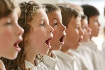 Fototapeta premium Young school choir members singing together in harmony, rehearsing for a performance, mouths wide open