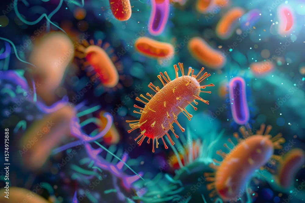 Poster microscopic organisms such as bacteria and viruses floating in a colorful environment, potentially r