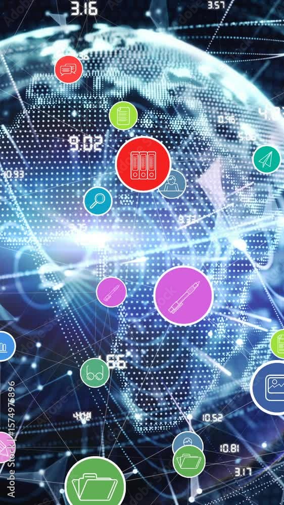 Poster animation of network of connections with digital icons over globe in background