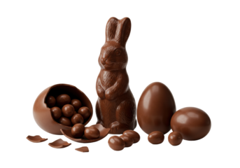 A prominent, ultra-realistic dark chocolate Easter bunny figurine with detailed fur texture, a glossy cracked egg filled with varied small chocolate eggs, and two large smooth dark chocolate eggs,
