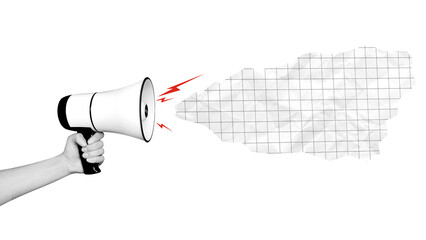 Collage Hand with megaphone with information cloud for text. Social media news. Promotion action....