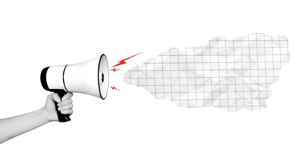 Collage Hand with megaphone with information cloud for text. Social media news. Promotion action. Communication concept, public opinion, public speaking, society, media. Message. 