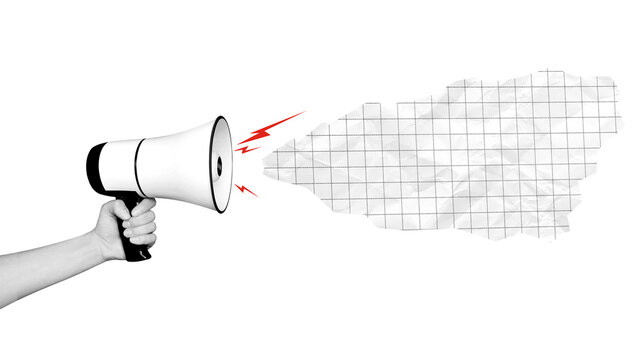 Collage Hand with megaphone with information cloud for text. Social media news. Promotion action. Communication concept, public opinion, public speaking, society, media. Message. 