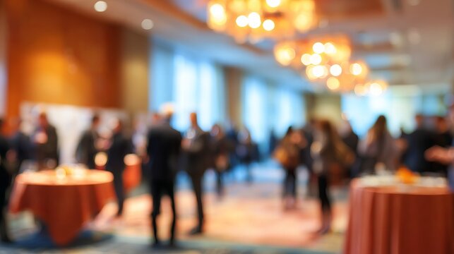 Blurred scene depicts a conference or reception with people mingling and socializing under bright chandeliers above