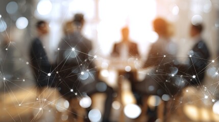 Abstract business meeting with network connection overlay, blurred figures and bright light bokeh, conveying innovation.
