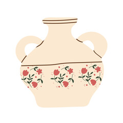 Handmade ceramics pottery. Kitchen utensils. Traditional shapes and patterns. Creativity and art. Hand drawn flat vector illustration isolated on white background