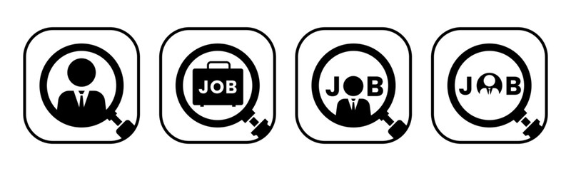 Search job icon set illustration vector. Magnifying glass with job, bag, and person. Suitable for lockers, recruitment and as a template.
