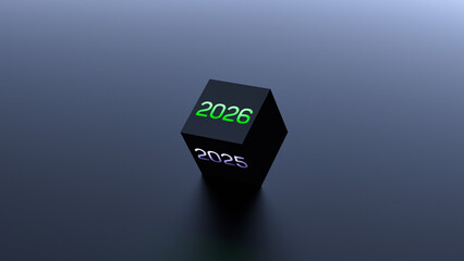 Year 2025-2026, planning,business plan, luminous neon numbers on cube with space for copying. 2025-2026, space for text, goal, plan. Banner 2025-2026. 3D render