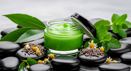 Green Herbal Moisturizer with Black Stones and Fresh Leaves for Ultimate Skin Hydration