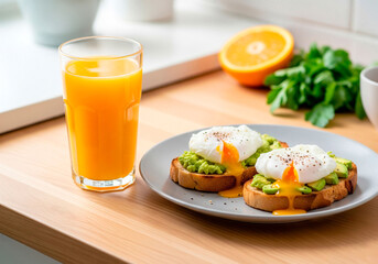 Healthy breakfast with fresh orange juice and avocado toast for wellness blogs, nutrition promotion or morning routine visuals