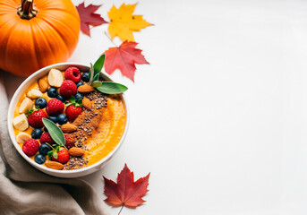 Warm pumpkin oatmeal with fall leaves and berries for seasonal food promotion, recipe blogs or cozy autumn visuals
