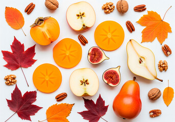 Vibrant Autumn Fruit and Nut Still-Life with Persimmons and Leaves for Fall Decor & Food Ads (121 characters)