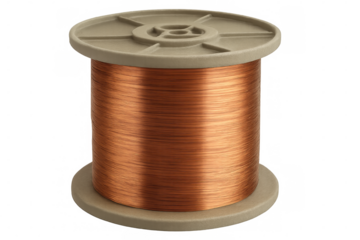 Copper wire coil winding around metallic spool, showcasing industrial electrical engineering precision on transparent backdrop