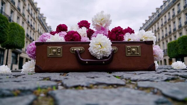 Pluie de fleurs tombant sur une valise ouverte dans une rue color&eacute;e
