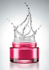 Vibrant Water Splash Over Pink Cream Jar, Ideal for Skincare Ads, Beauty Products, or Wellness