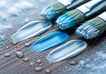 Winter paint concept with frosted brushes and white-blue strokes for seasonal design, DIY visuals or home renovation projects
