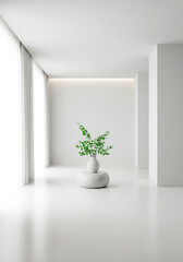 Modern minimalist interior with single green plant and soft natural light for wellness, architecture or home decor visuals