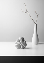 Minimalist zen scene with white vases, stone and dry branch for interior design, balance concept or wellness visuals