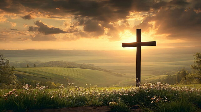 Wooden cross silhouetted against a dramatic sunset sky over rolling green hills. Spiritual symbol of faith, hope, and peace. - Powered by Adobe