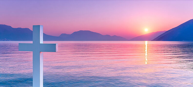 White cross with mountain and sunset by water. Symbol of faith and hope. spiritual meditation background for Easter.