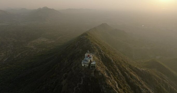 Aerial view of Shree Savitri Mata Mandir at sunset, India.