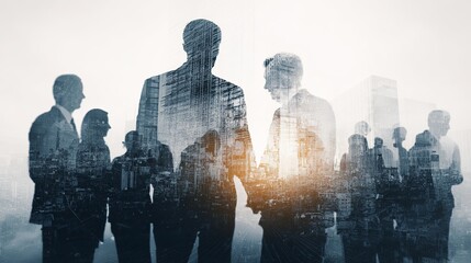 Group of business people in cityscape double exposure represent corporate leadership and collaboration success vision for growth