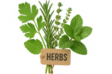 Fresh herb bundle featuring mint, rosemary, thyme, parsley, bound with label against transparent backdrop