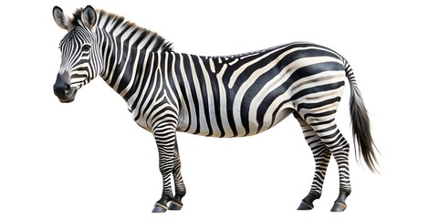 Fototapeta premium Isolated striped zebra, a wild mammal, stands against a white background, embodying nature's unique savanna wildlife